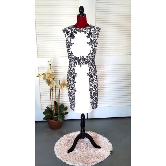 Liz Claiborne Women's White/Black Lace Floral Print Sheath Dress Size 10 1492 - Picture 2 of 10